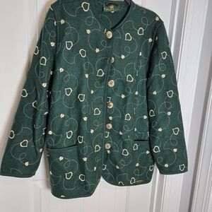Geiger sz 38 Cardigan Sweater Jacket boiled wool dark Green Gold embroidery